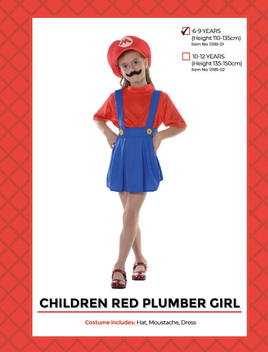 Children Red Plumber Girl Costume (6-9 years)