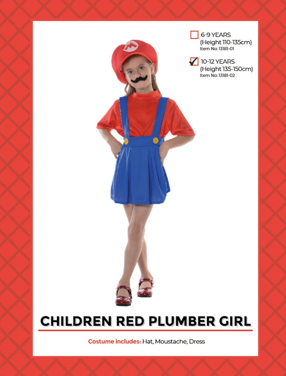 Children Red Plumber Girl Costume (10-12 years)