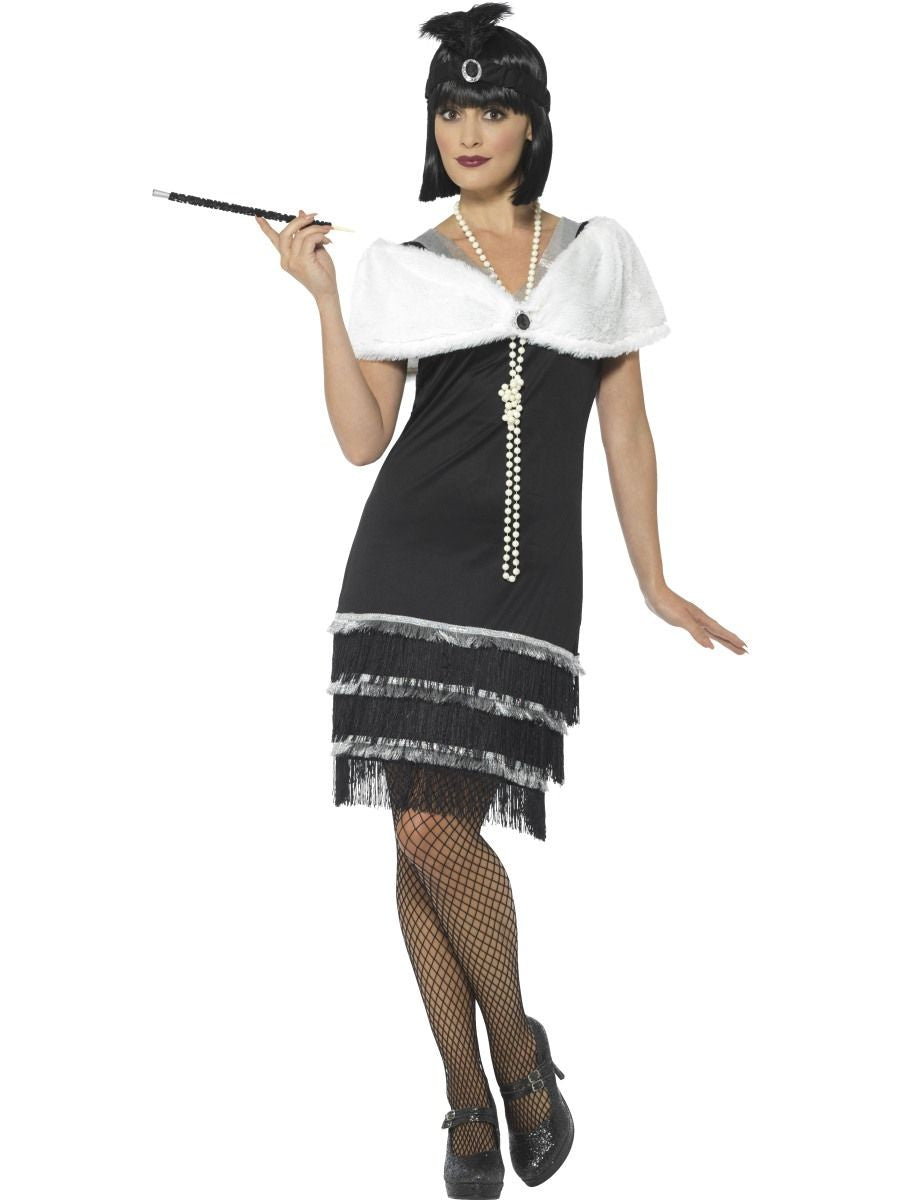 Flapper Costume, Black, with Dress & Fur Stole